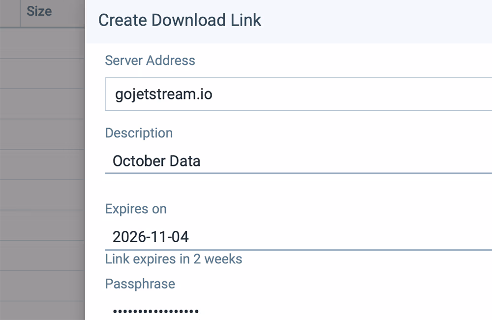 JetStream Create Download Link dialog with expiry date and passphrase settings