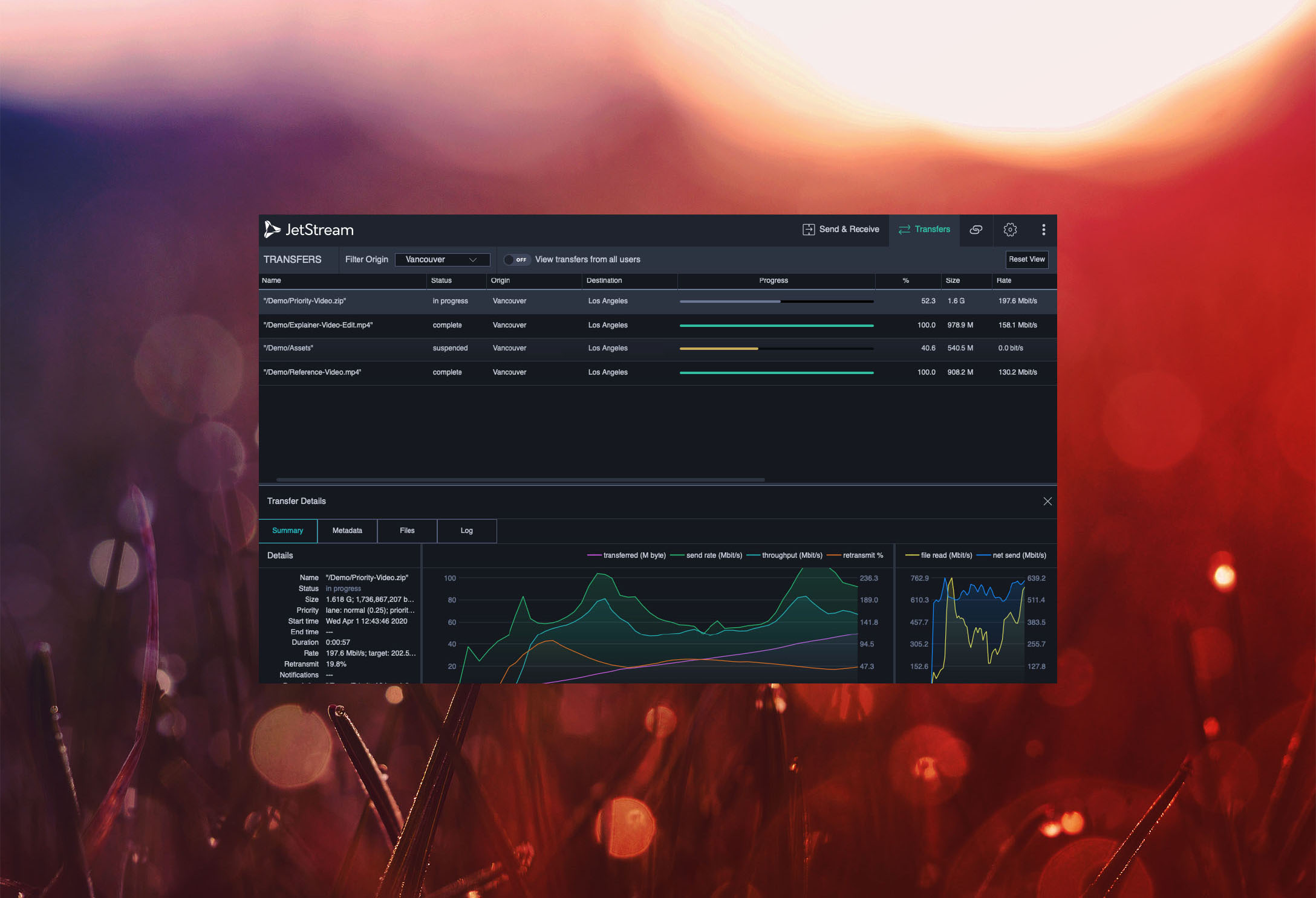 JetStream file transfer software window over grass field