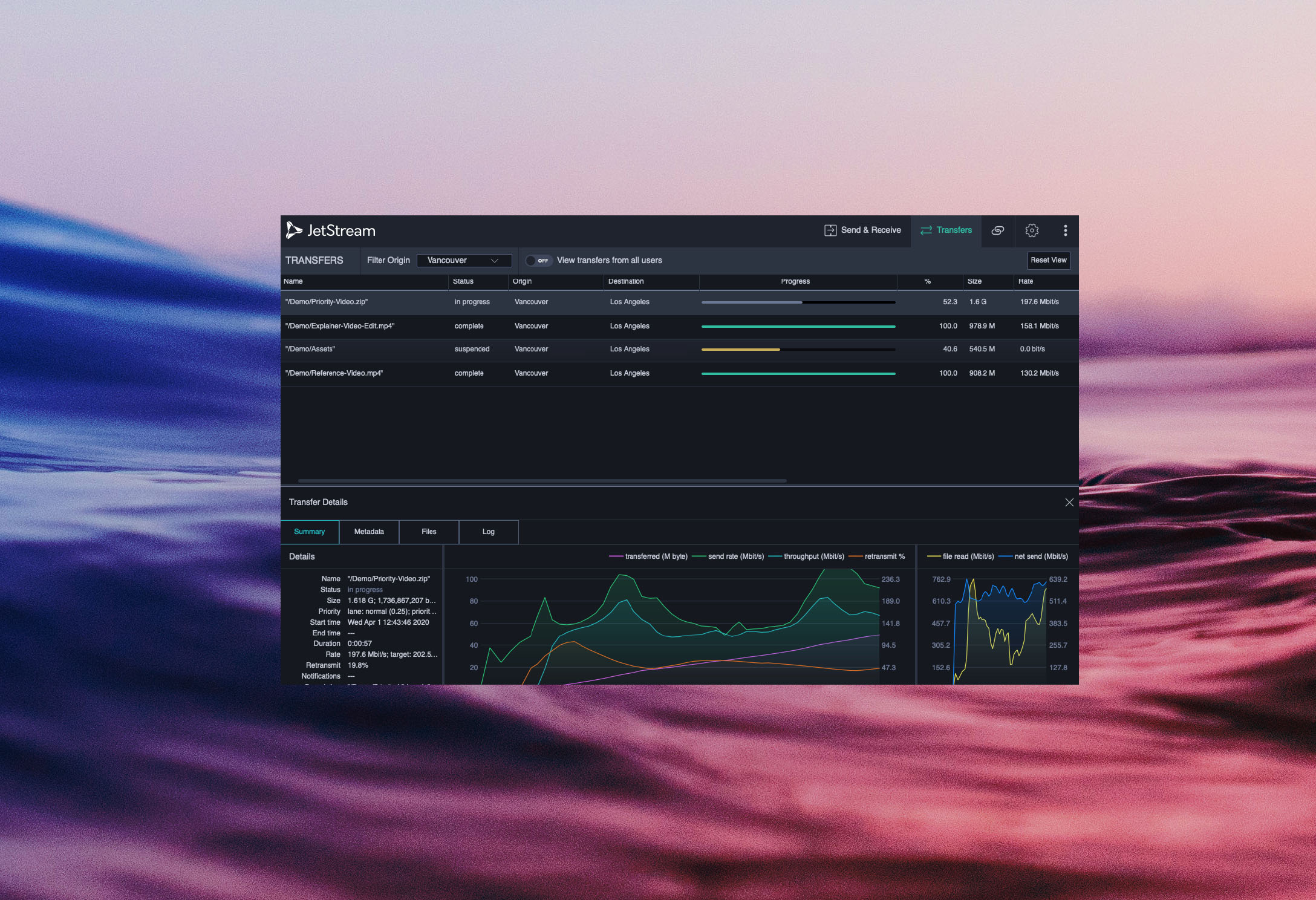 JetStream file transfer software window on waves